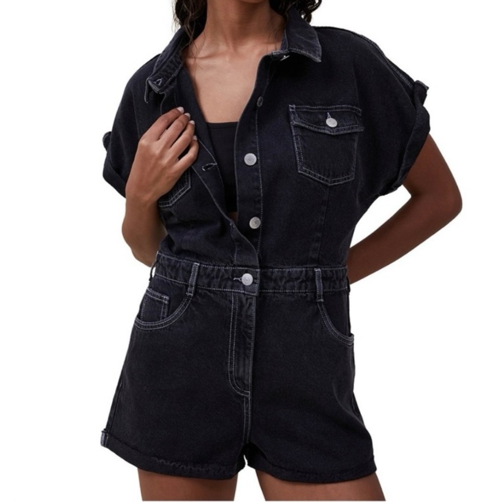 Cotton On Denim Play Suit women’s stone wash denim button down romper black 4